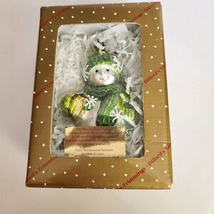 Dillard's Trimmings Blown Glass Snowman Ornament in Green Hat and Scarf